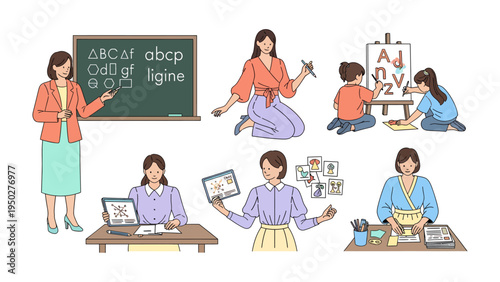 Educator and Learning Activities: An illustrated collection of a teacher engaging in diverse educational interactions, from leading lessons to fostering individual learning experiences.