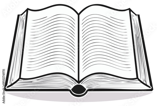 Open book sketch illustration, educational drawing, blank pages for writing, reading, story, knowledge, and learning