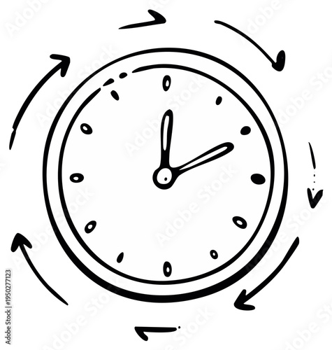 Clock face with arrows illustrating time change doodle concept for daylight savings time or time management