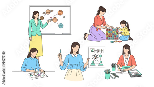 Empowering Women in Action: A dynamic illustration captures women in various roles, from teachers to mentors, each making a difference, embodying the spirit of empowerment and opportunity.