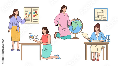 Professional Woman in Various Activities: Depicting a series of accomplished professional woman navigating office activities with competence and flair. Showing versatility and leadership qualities.