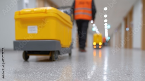 Professionelles Reinigungsteam reinigt nach Geschäftsschluss ein deutsches Büro mit Aufgabenliste und polierten Böden.