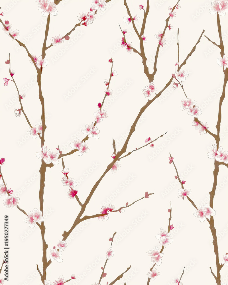 Fototapeta premium Elegant cherry blossom pattern with pink flowers on brown branches, minimalist japanese sakura floral illustration on cream background, aesthetic botanical design for wallpaper and textile print