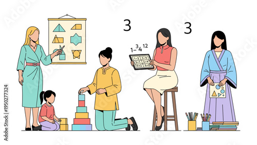 Learning Environment: A group of educators facilitating engaging educational activities within a well-lit, interactive learning setting.