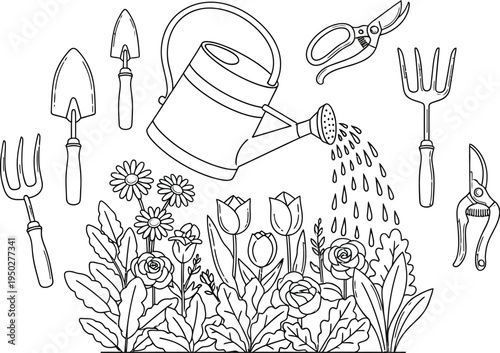 Essential gardening tools and a vibrant collection of blooming flowers create a beautiful scene ready for cultivation and springtime fun