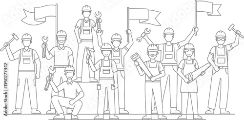 Diverse group of skilled construction workers and tradespeople holding tools and triumphantly waving blank banners together