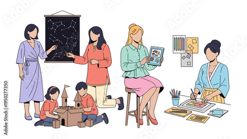 Learning & Creation: A diverse group of people engaged in activities such as learning, drawing, and storytelling, capturing a moment of creativity and education.