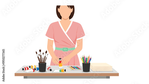 Artistic Creation: A skilled artist stands behind a well-organized table brimming with vibrant art supplies. The scene is filled with creative energy and artistic potential.