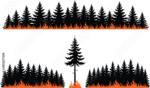 forest, wildfire, burning, trees, silhouettes, fire, flames, disaster, nature, environment, wildfire, landscape, smoke, danger, climate, illustration, isolated, black, forestfire, set