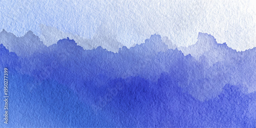 Abstract blue watercolor paint texture creates a frozen winter landscape of white clouds and ice under a cold sky for a nature pattern