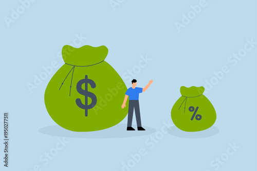 Commission payment, Businessman stands holding bag of money and his commission