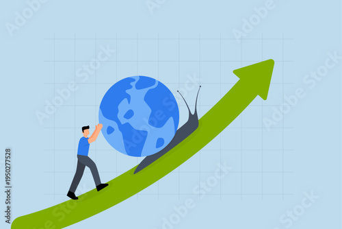 Global economic slowdown, businessman is using slow snail to represent the gradual growth of GDP in the world economy