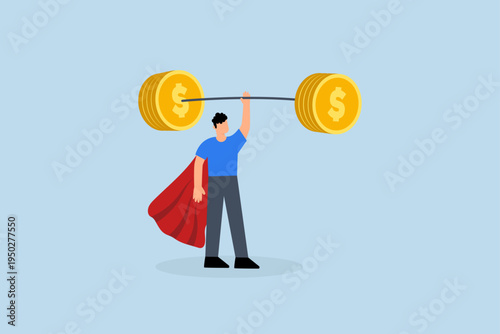 Investment professional, confident businessman like superhero raises heavy coins of money