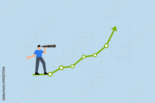 Investment upside potential, Businessman gazes through telescope to observe investment graph ascending