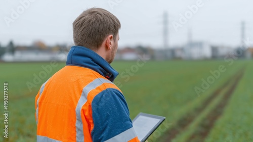 Professioneller Landvermesser, der eine Totalstation und ein Tablet in einem deutschen Feld verwendet