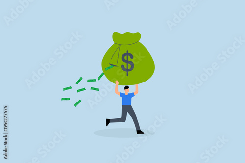 Lose money from investment mistake, businessman is carrying a large money bag that has big hole, causing banknotes to fall out