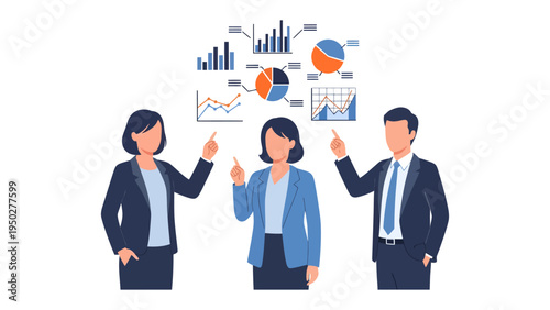 Data Presentation Meeting: A team of business professionals gathers for a presentation, with animated data visualizations floating overhead, they share analysis