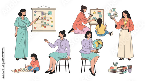 The Art of Education: A charming illustration featuring a collection of female educators in various settings, from presentations to creative projects and nurturing guidance.