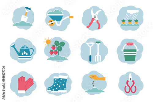Gardening Icon Set. Pastel Blue Pink White