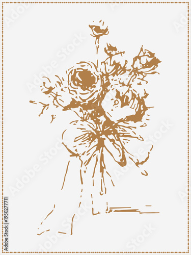 Elegant hand drawn roses bouquet in vintage sketch style. Decorative line art element perfect for gift wrapping, wedding invitations, packaging design and luxury branding