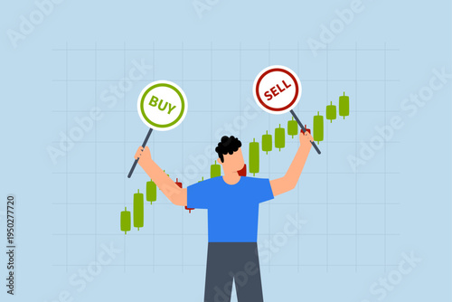 Buy or sell in stock market, Businessman holding buy or sell sign with candlestick chart is investment analyst