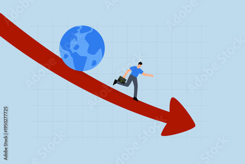 World economic recession, Stressed entrepreneur investor flees from plummeting planet