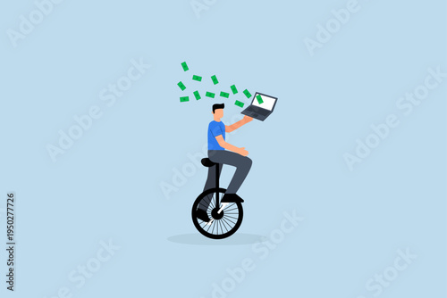Make money online, businessman uses his expertise to ride unicycle and make money using his computer laptop