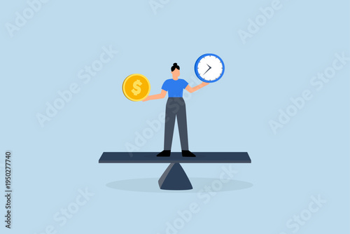 Time and money balance, Happy female entrepreneur manages time clock and money balance on seesaw