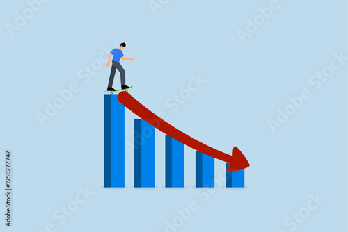 Prepare for economic downfall, Considerate businessman with skateboard getting ready to race down financial chart