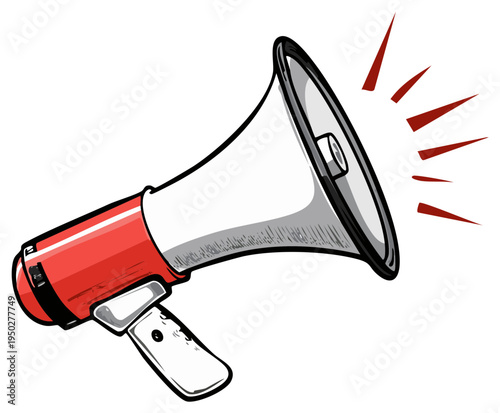 Red and white hand held megaphone emitting sound waves for announcement