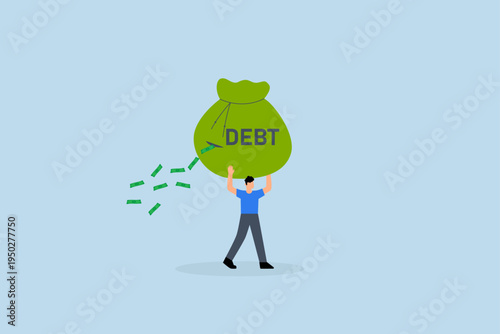 Debt burden, businessman in debt attempted to carry large money bag filled with banknotes but ended up losing money