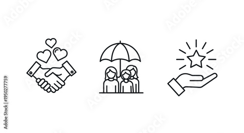 Illustrations depicting cooperation, protection, and hope in a simple visual format