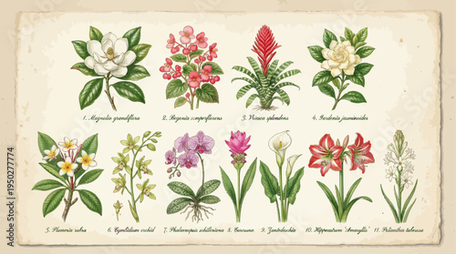 Vintage Botanical Flowers Illustration Chart – Magnolia, Gardenia, Plumeria and Tropical Plants Study