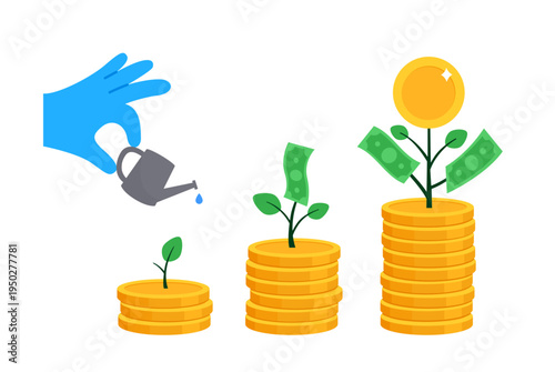 Money growth and investment growing concept. Hand watering growing money plant from stack of gold coins. Vector illustration
