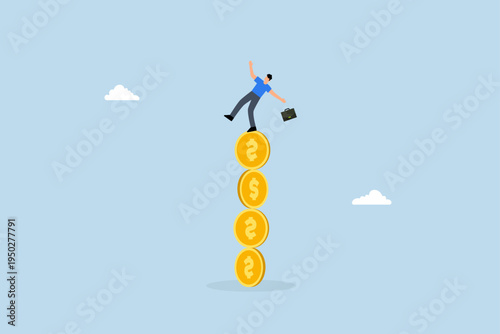 Financial instability, Businessman investor plummeting from pile of unstable stacks of money coins