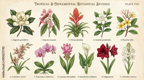 Vintage Botanical Flowers Illustration Chart – Magnolia, Gardenia, Plumeria and Tropical Plants Study