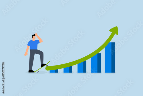 Growth for success, Businessman with skateboard getting ready to ride on ascending graph of growth