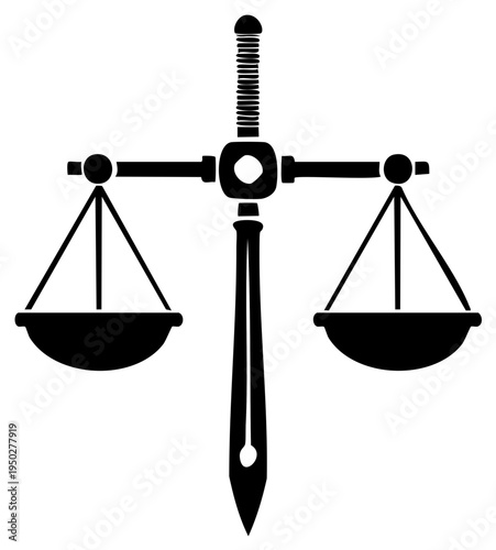 Justice Scales with Sword, Law and Judgement Concept, Vector Icon, Balance Symbol