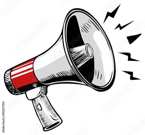 Hand Drawn Megaphone Loudspeaker Broadcasting Announcement Message with Sound Waves