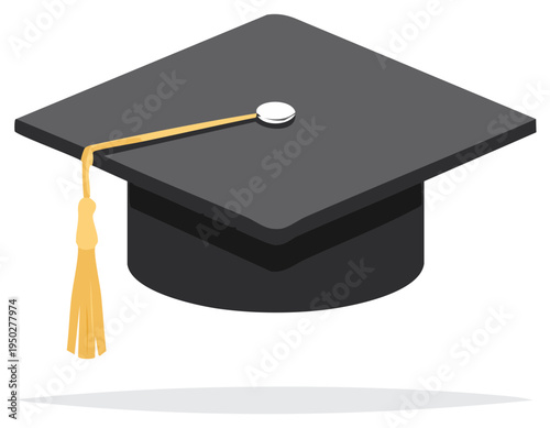 Isometric view of a graduation mortarboard with a gold tassel, academic cap