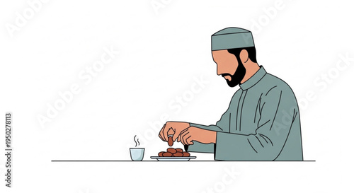 Vector illustration of a man with a beard and traditional cap eating dates and drinking, depicting the serene ritual of breaking a fast or a quiet meal