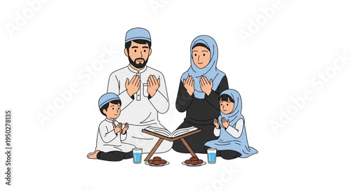 A Muslim family prays together during Ramadan, with the Holy Quran open in front of them, symbolizing devotion and unity