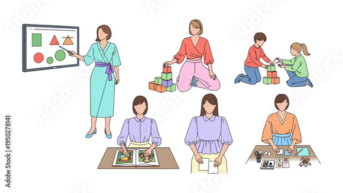 Learning and Development: Depicts an educator guiding learners through various activities, from shape recognition to hands-on projects, fostering educational growth. 