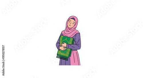 Smiling Muslim woman with a hijab holding a green prayer mat, symbolizing spiritual devotion and religious observance, rendered in a modern flat vector illustration style