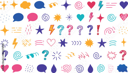 Collection of hand drawn doodle with stars hearts speech bubbles and symbols