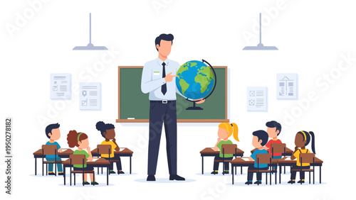 Guiding the Future: A teacher elucidates the world to a classroom of eager students, highlighting the importance of global education.