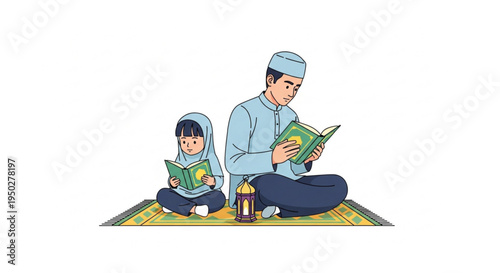 Muslim father and daughter deeply engaged in reading their holy book on a prayer mat, symbolizing shared spiritual learning, devotion, and cultural heritage