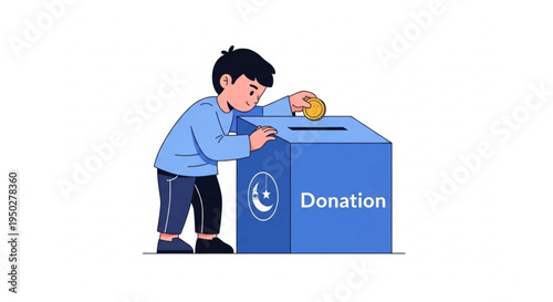 A young boy generously drops a coin into a donation box, symbolizing acts of kindness and charitable giving
