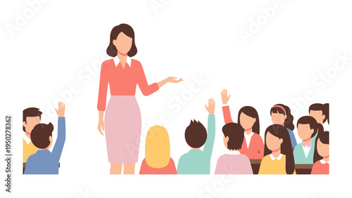 Classroom Engagement: A teacher passionately addressing a group of students in a vibrant classroom setting, with many pupils eager to participate by raising their hands.