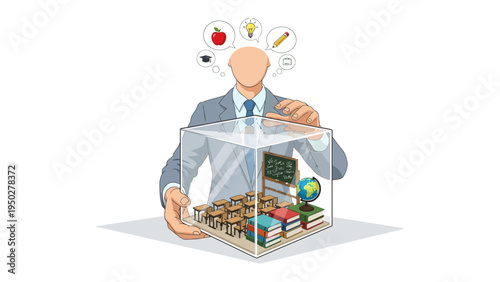 Visionary Educator's Intellectual Realm: Conceptual imagery presents an educator surrounded by floating academic icons, symbolizing an enclosed microcosm of knowledge, learning, and education.